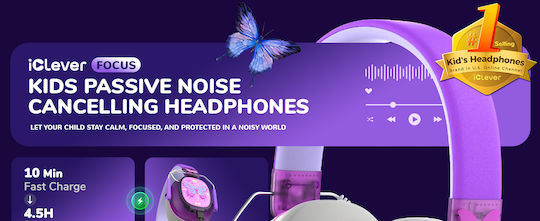 iClever Em02 Căști Audio Bluetooth Fără Fir de Copii Over Ear cu 60 Ore de Autonomie și Încărcare Rapidă Violet