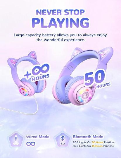 iClever BTH13 Căști Over Ear pentru Copii Wireless / Cu Fir cu 50 Ore de Autonomie Gradient Roz