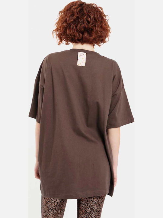 Дамска Oversized Тениска Райета Кафява