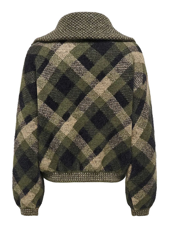 Damen Bluse mit Reißverschluss Karierter Grüner
