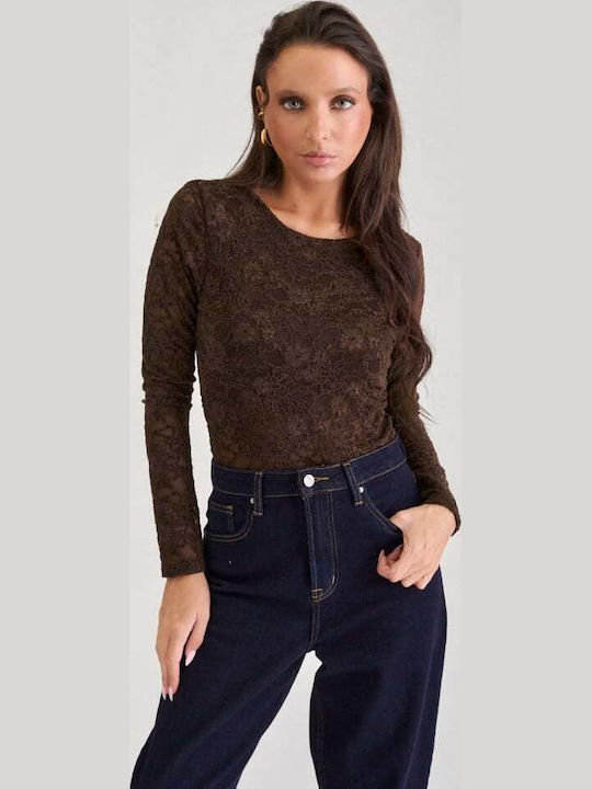 Bluza Damă Catifelată Cu Dantelă Maro Închis