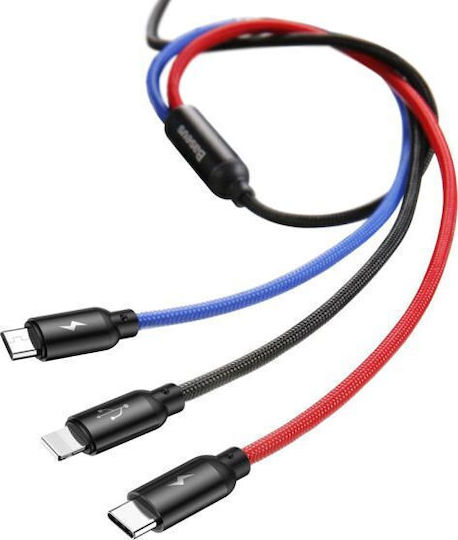 Baseus USB към Type-C / Lightning / micro USB Кабел 3.5A Син 0.3m CAMLT-ASY01
