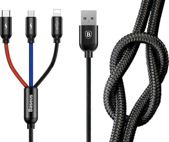 Baseus USB към Type-C / Lightning / micro USB Кабел 3.5A Син 0.3m CAMLT-ASY01