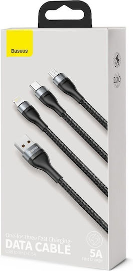 Baseus LED USB към Lightning / Type-C / micro USB Кабел 5A Черен 1.2m CA1T3-G1