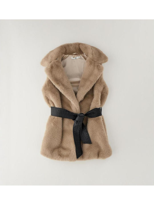 Kids Sleeveless Short Double Sided Fur Beige