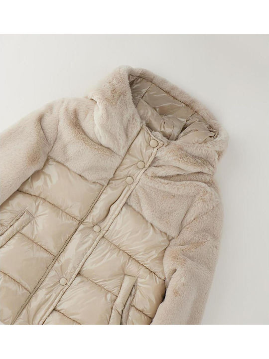 Kids Quilted Short Hooded Jacket Ecru