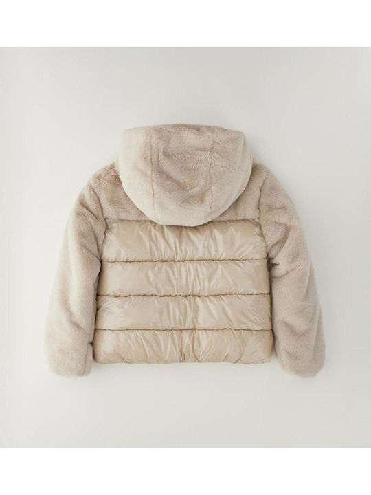 Kids Quilted Short Hooded Jacket Ecru