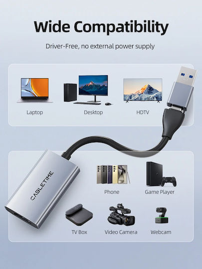 Cabletime Videoaufnahme Ct-achc3-ag Hdmi Usb & Usb-c 4k/30hz Grau Verschiedenes TV- und Videozubehör