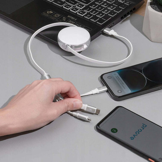 Proove Подвижен USB към micro USB / Type-C / Lightning кабел 3A Бял 1.2m