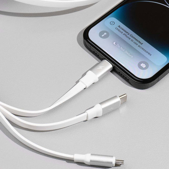 Proove Подвижен USB към micro USB / Type-C / Lightning кабел 3A Бял 1.2m