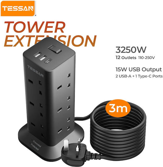 Tessan Steckdosenleiste 12 Anschlüsse mit 1 USB-A, Schalter und 3m Kabel