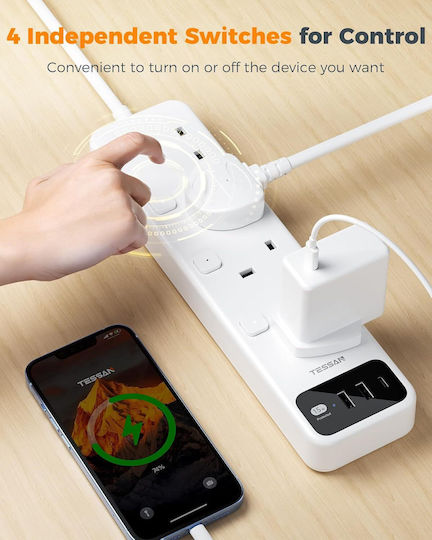 Tessan Πολύπριζο 7 Θέσεων με 1 USB-A, 1 USB-C, Διακόπτη και Καλώδιο 2m