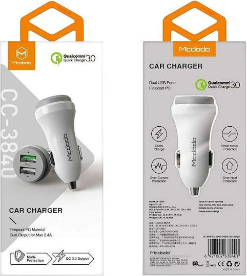 Mcdodo Încărcător Auto Cu Mufă De Brichetă 18W Încărcare Rapidă Cu Porturi 2xUSB-A Culoare Albă