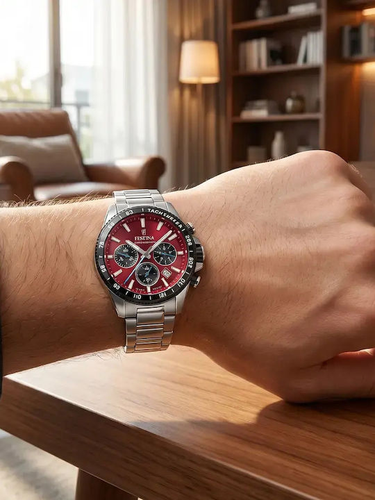 Festina Мъжки Часовник Хронограф На Батерия със Сребриста Метална Гривна Festina Мъжки Часовник Хронограф На Батерия със Сребриста Метална Гривна