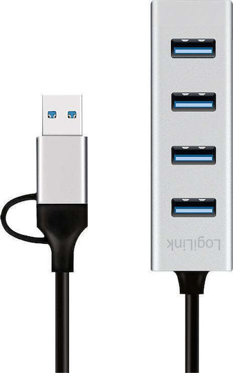 LogiLink USB хъб 4 порта USB 3.0 с USB-A / USB-C Сребрист