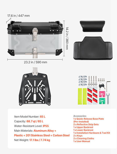 Vevor Motorrad-Topcase Aluminium 65lt Silber
