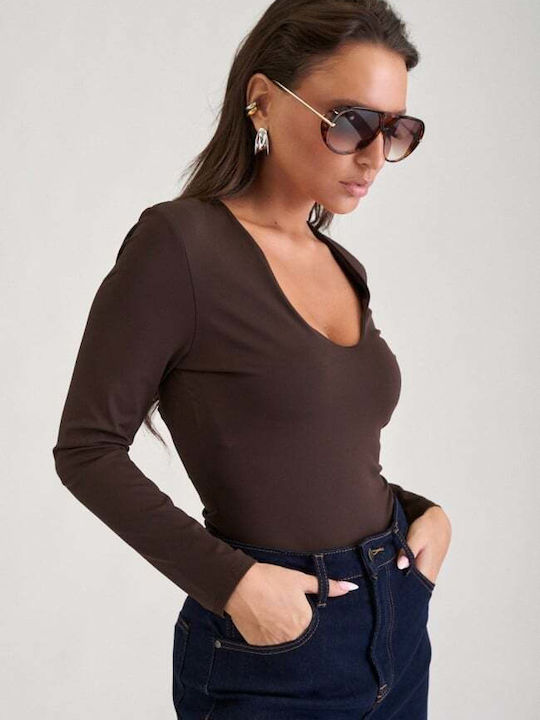 Deep Neckline Brown Bodysuit
