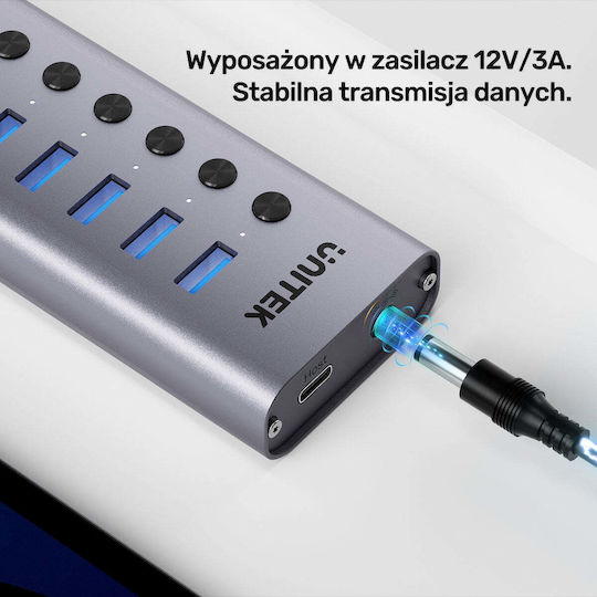 Unitek USB-Hub 10 Anschlüsse USB 3.0 mit Anschluss an einen Computer USB-C Silber