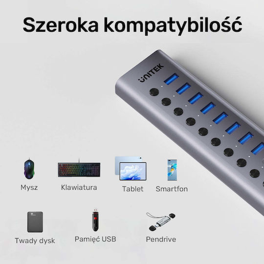 Unitek USB-Hub 10 Anschlüsse USB 3.0 mit Anschluss an einen Computer USB-C Silber