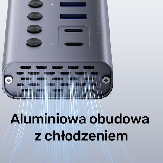 Unitek USB-Hub 10 Anschlüsse USB 3.0 mit Anschluss an einen Computer USB-C Silber