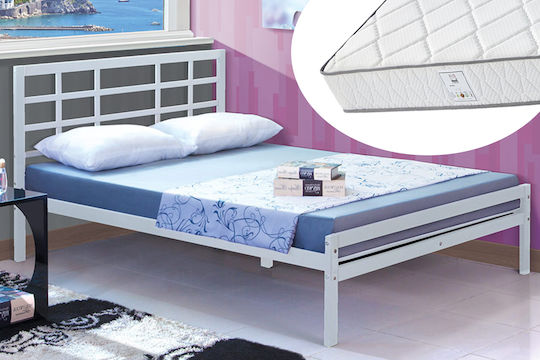 Double Metal Bed White with Slats & Mattress 140x200cm