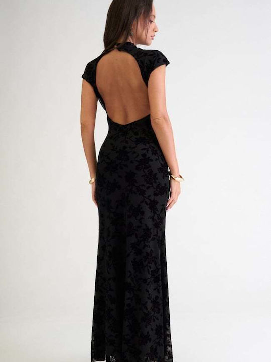 Maxi Evening Dress Shirt Dress Velvet Open Back Black