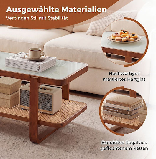 Rectangular Central Glass Coffee Table Walnut L105.41xW50.8xH45.72cm