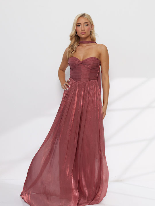 Rochie de Vară Maxi de Seară Rochie-Cămașă Satin Drapat cu Plasă Roz