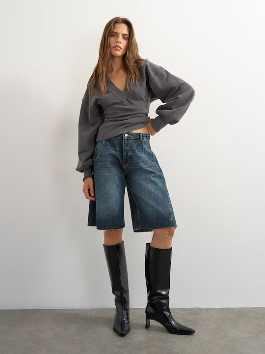 Women's Cotton Blouse with V-Neck Anthracite