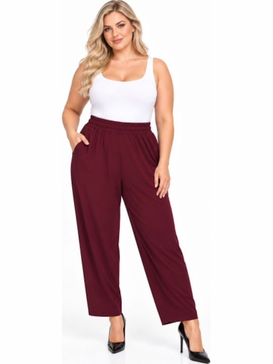 Women's Fabric Trousers with Rubber Band in Regular Fit Burgundy WH-41531-27TR-BURG
