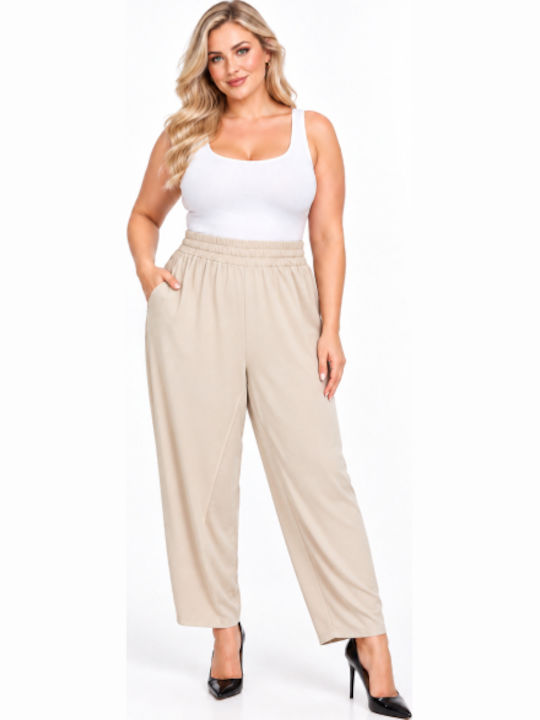 Women's Fabric Trousers with Rubber Band in Regular Fit Beige WH-41531-27TR-BEIGE