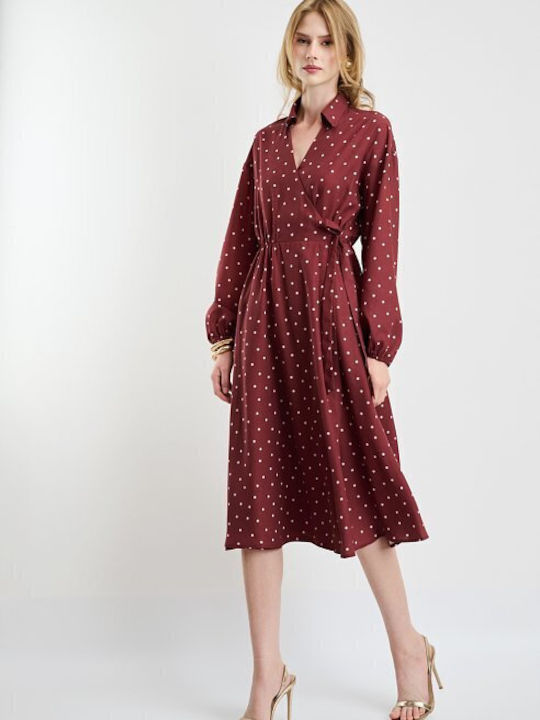 Rochie De Vară Midi Rochie-Cămașă Wrap-Around Burgundy