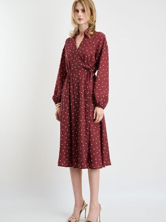 Rochie De Vară Midi Rochie-Cămașă Wrap-Around Burgundy