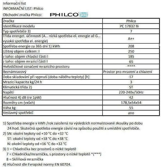 Philco Frigider-congelator Încorporabil 249lt Înălțime177.70xLățime54xAdâncime54cm PC 17832 Bi