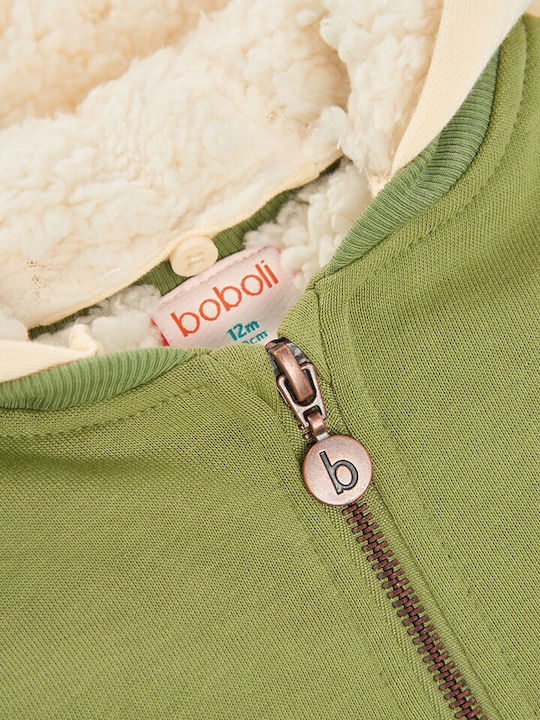 Fleece Kids Hooded Sweatshirt Cardigan With Pockets Green
