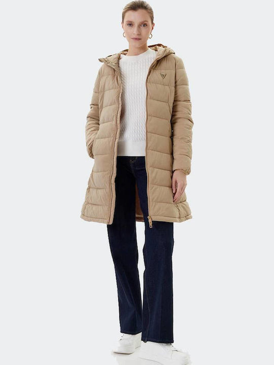 New Aleta Дълго Дамско Puffer Яке за Зима Бежово