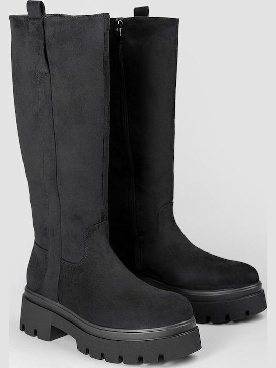 Wildleder Damenstiefel mit mittlerem Absatz Schwarz