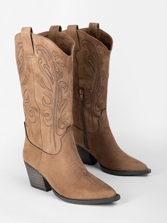 Suede Women's Cowboy Boots with Mid Heel Brown