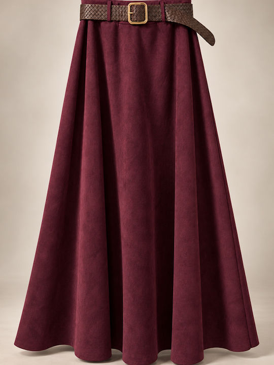 Leder Hohe Taille Maxi Rock Cloche Burgundisch