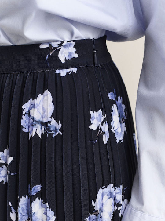 Fustă midi plisată floral albastru închis