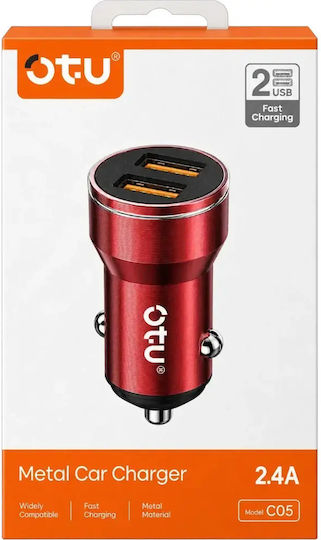 OTU Auto-Ladegerät 2.4A mit 2xUSB-A 1xType-C Rote Farbe