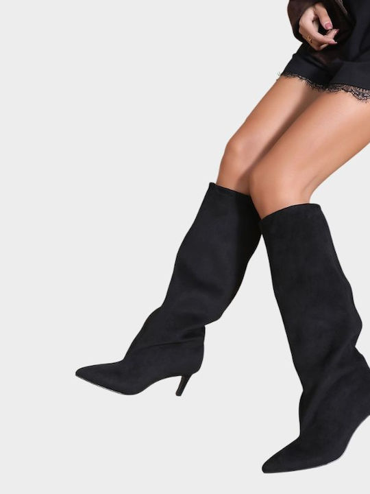 Wildleder Damenstiefel mit Mittelhohem Absatz Schwarz