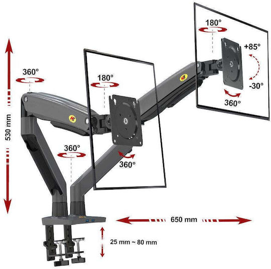North Bayou Desk Mounted Stand for 2 Screens up to 32" Grey