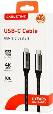 Cabletime Geflochtenes USB 3.2 Kabel USB-C männlich - USB-C 100W Schwarz 1,5 m