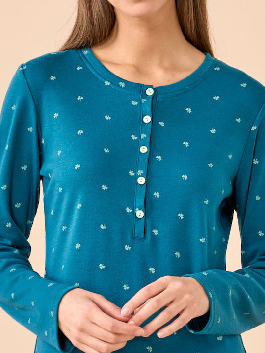 Noidinotte Winter Cotton Women's Nightgown Petrol Blue Noidinotte Winter Cotton Women's Nightgown Petrol Blue