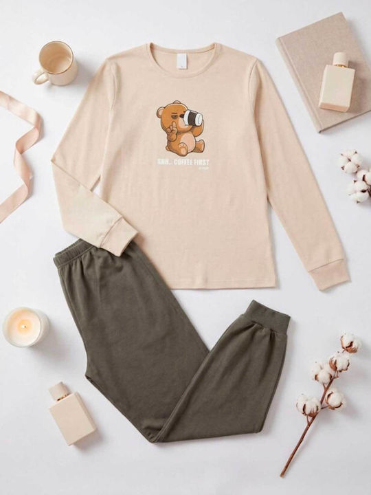 Nina Club Set De Pijamale Dama De Iarnă Din Bumbac Bej