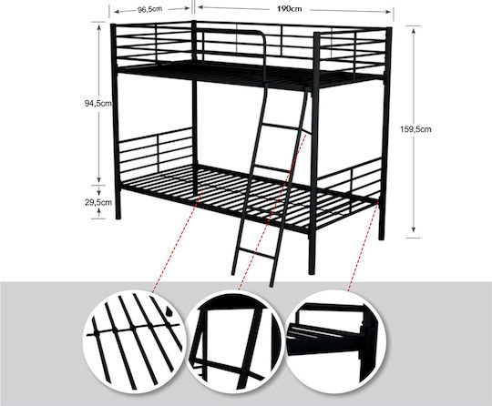Pat pentru copii Cușetă Single Negru pentru Saltea 90x190cm