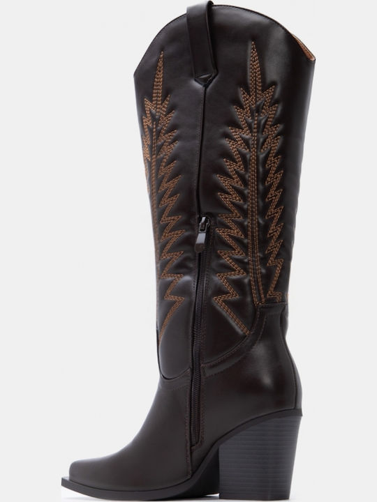 Suede Women's Boots Cowboy with High Heel Brown