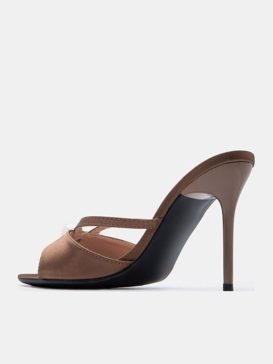 Satin Damen Pantoletten mit Hoch Absatz in Braun Farbe
