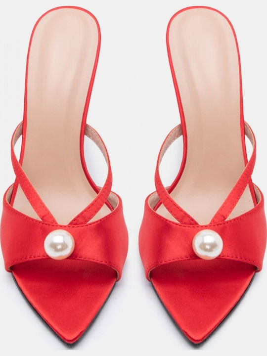 Satin Damen Pantoletten mit Hoch Absatz in Roter Farbe